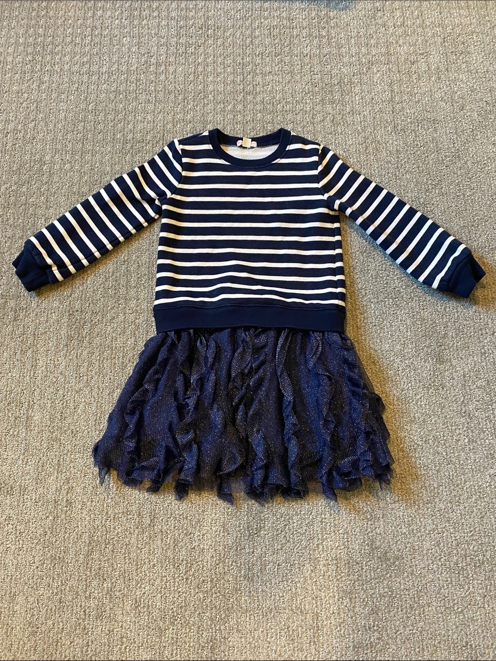 Crewcuts Navy and White Striped Knit Dress with Sparkle Tulle Skirt